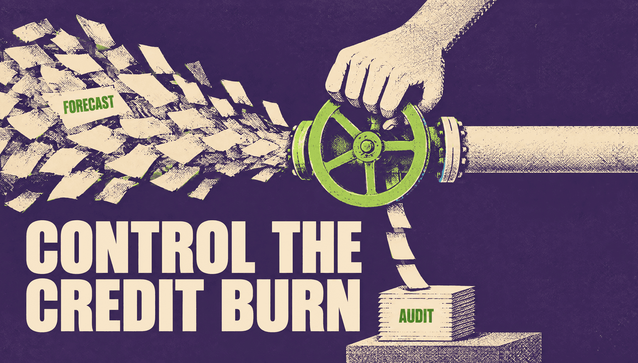 Screenprinted illustration on deep violet: an oversized hand turns an acid-green valve on a cream pipe; a chaotic spray of cream record slips bursts out above, while below the valve a narrow controlled stream feeds one tidy stack. Large cream headline reads "CONTROL THE CREDIT BURN" across the lower left, with small acid-green labels "FORECAST" on the waste spray and "AUDIT" on the stack.