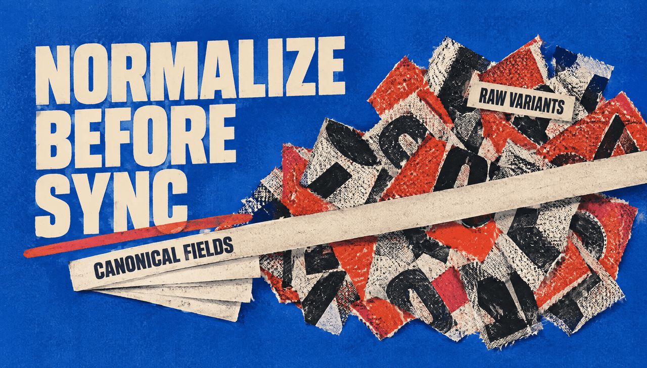 Risograph cut-paper collage on cobalt: a torn pile of illegible typographic clippings in red and cream, representing messy job title, company and location variants, pinned flat by one clean diagonal cream strip with a red marker underline. Ultra-bold cream headline reads "Normalize before sync"; tabs read "Raw variants" on the jumble and "Canonical fields" on the aligned strip.