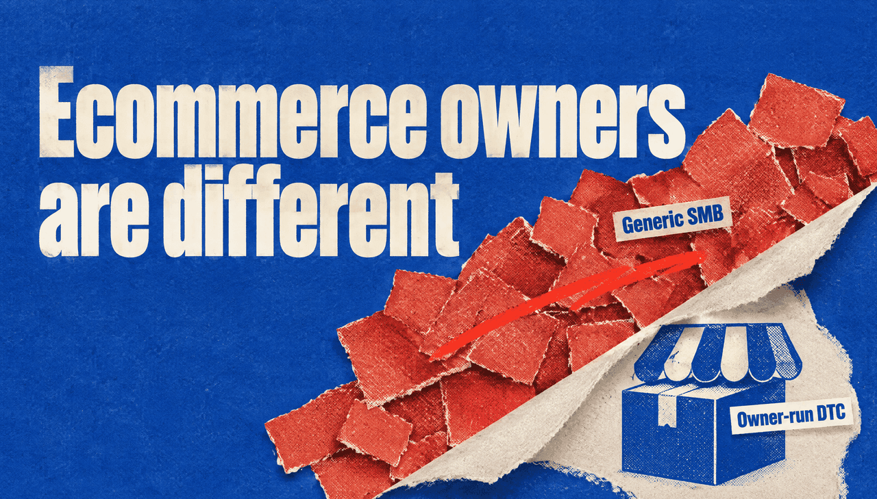 Editorial cut-paper collage on cobalt blue: a heaped torn pile of red generic business-owner clippings is peeled back by a cream strip to expose one clean parcel with a shop awning. Intended headline reads "Ecommerce owners are different", with labels "Generic SMB" on the pile and "Owner-run DTC" on the exposed store cutout.