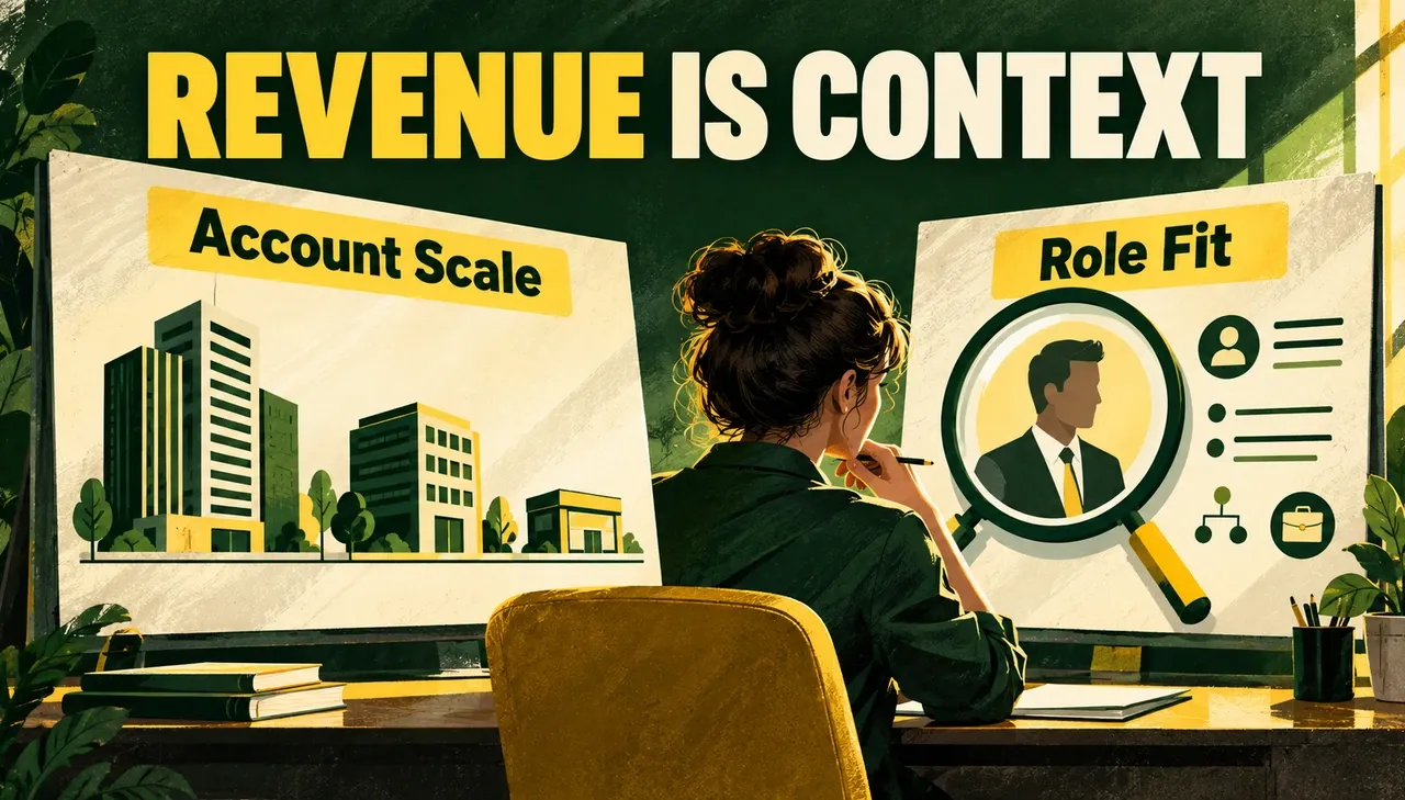 An analyst compares company buildings and a separate executive profile under Revenue Is Context, with Account Scale and Role Fit labels.