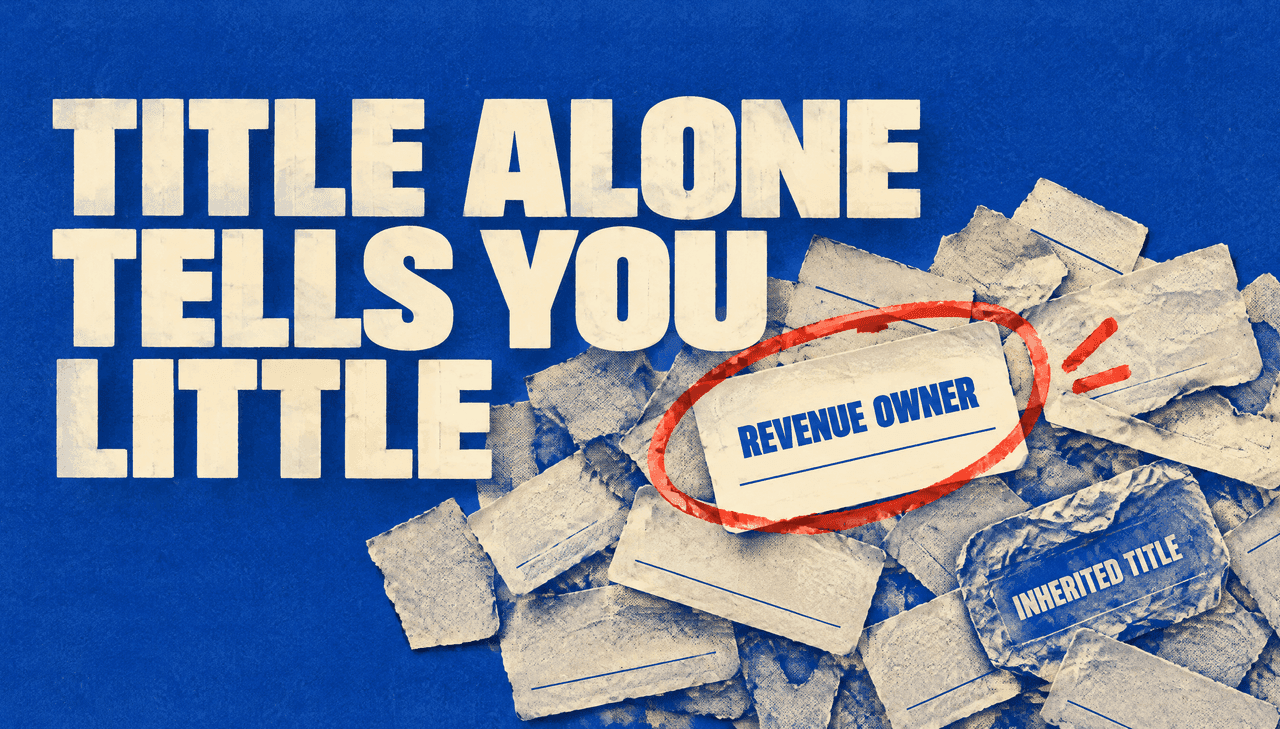 Cut-paper collage on cobalt: a pile of torn cream name tags from a broad title search, one clean tag circled in tomato-red marker as the verified revenue owner, a crumpled tag marked as an inherited title. Bold cream headline reads "TITLE ALONE TELLS YOU LITTLE"; small labels read "REVENUE OWNER" and "INHERITED TITLE".