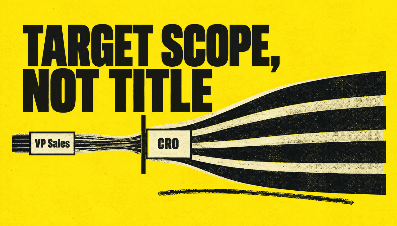 Swiss screenprint cover on electric yellow: a cream title ribbon pinched into a narrow ink column on the left bursts into four wide ink bands on the right, with two cream plaques labelled "VP Sales" and "CRO". Large ink headline reads "TARGET SCOPE, NOT TITLE".