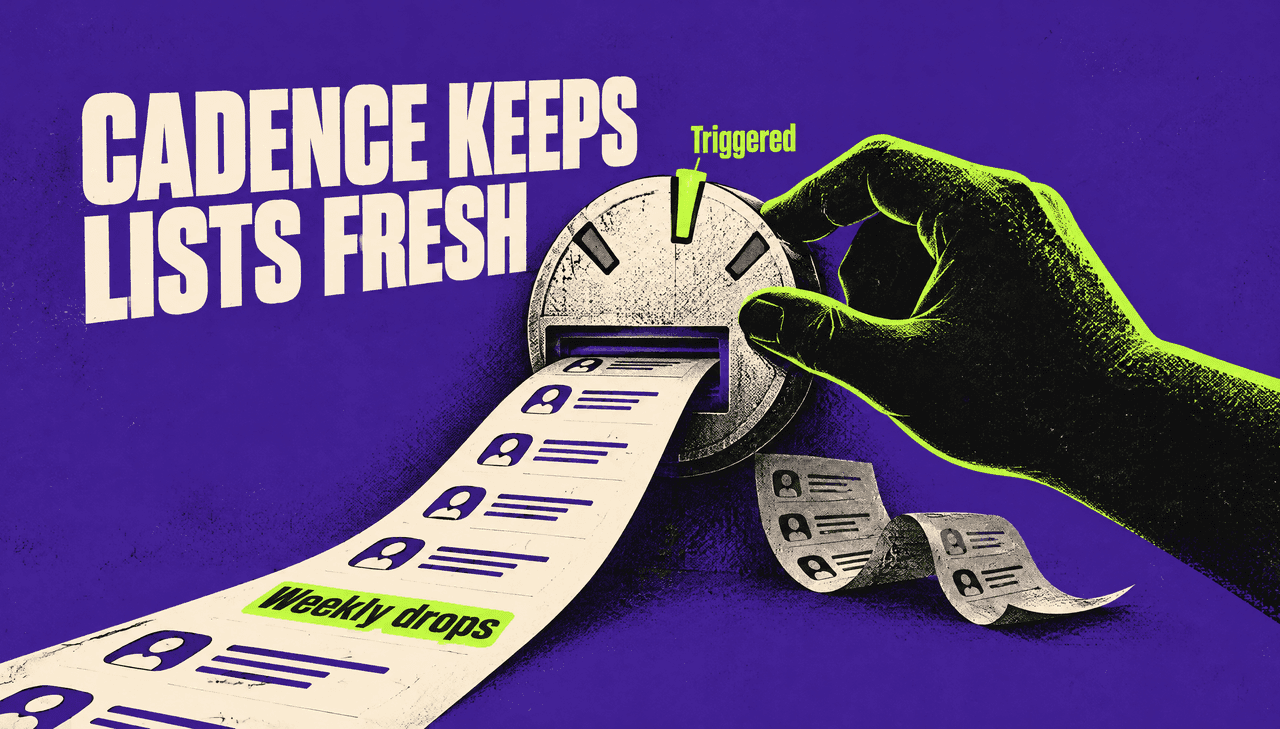 Illustration of an oversized ink hand turning a three-notch rhythm dial on a violet wall, with fresh cream contact sheets streaming from its slot and two older sheets curling below. Intended text: headline "Cadence keeps lists fresh" and labels "Weekly drops" and "Triggered".