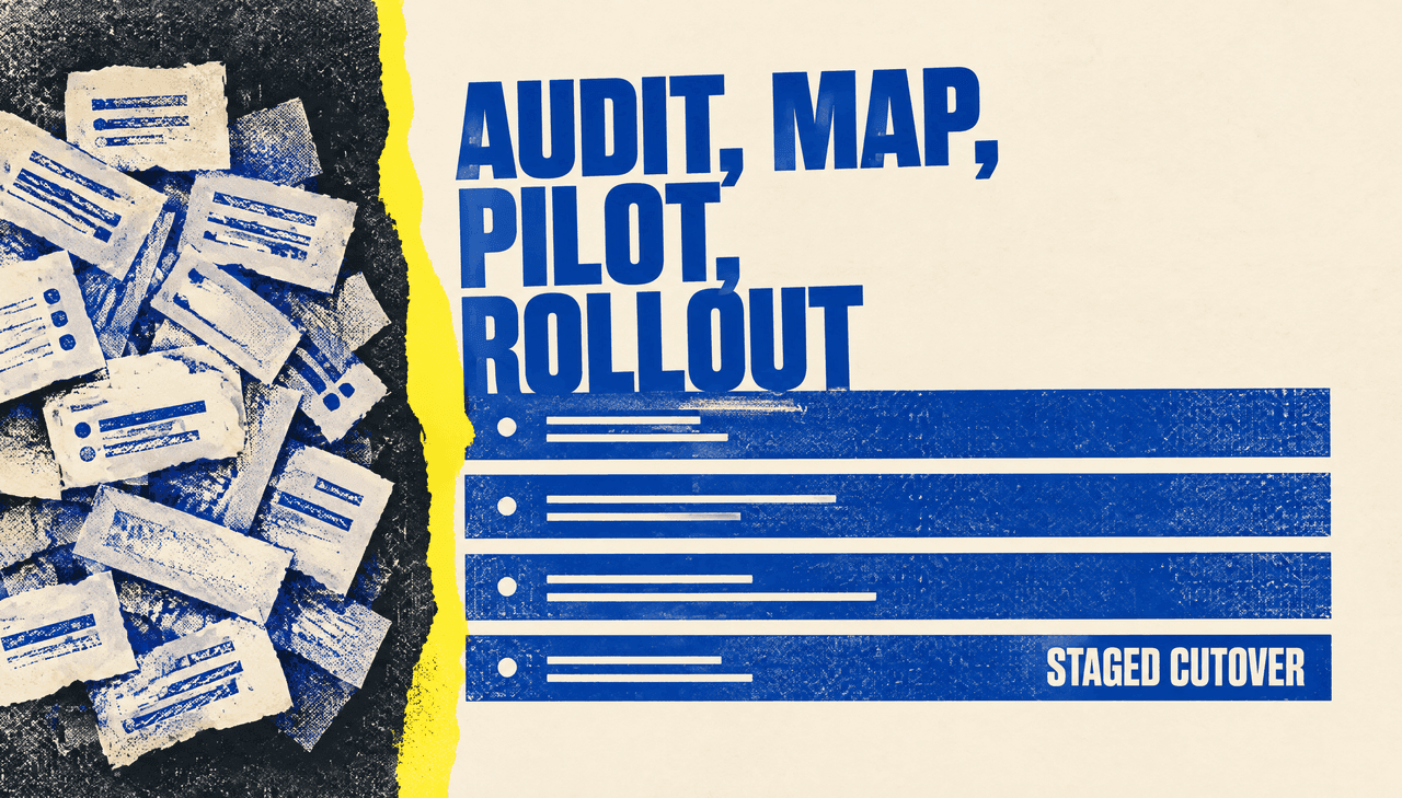 Risograph-style before-and-after diagram on warm cream: a tangled mass of torn paper tag strips crushed against a black wall on the left, resolving into four clean cobalt bars on the right, split by a yellow seam. Bold condensed headline reads "AUDIT, MAP, PILOT, ROLLOUT", with the label "STAGED CUTOVER" on the final bar.