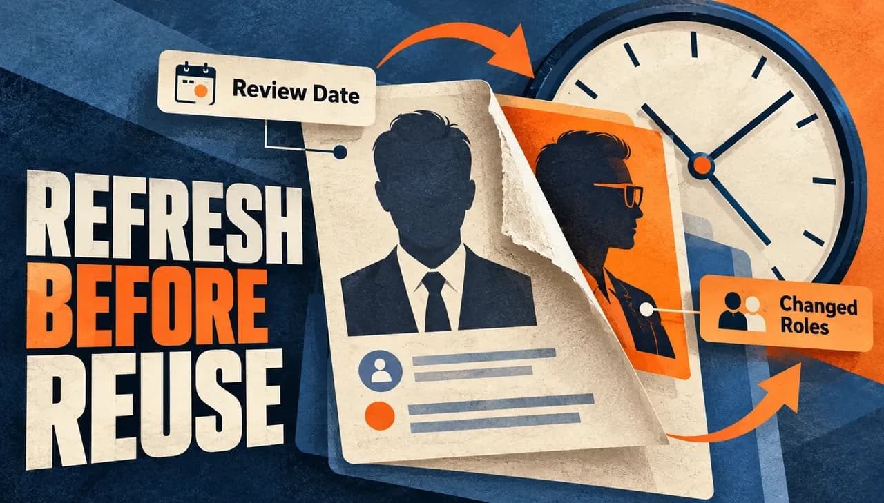 A contact portrait peels back to reveal a changed role beside an unnumbered clock and Refresh Before Reuse, with Review Date and Changed Roles labels.