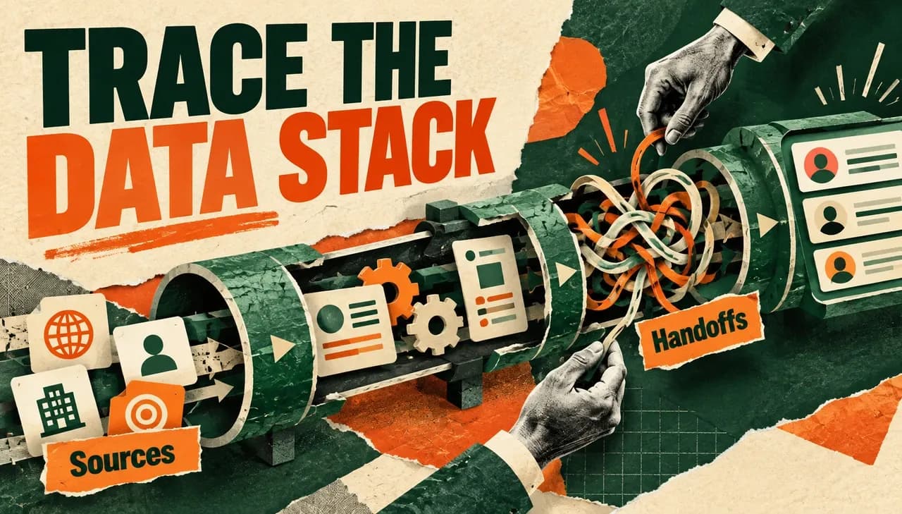 Hands inspect a tangled handoff inside an exploded paper pipeline beneath Trace the Data Stack, with Sources and Handoffs labels.