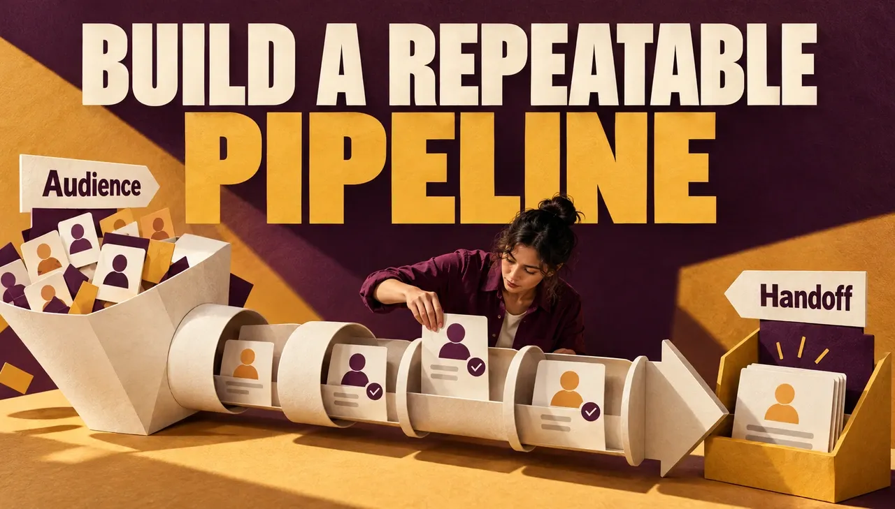 An operator assembles a reviewed contact pipeline from an Audience hopper to a Handoff tray beneath Build a Repeatable Pipeline.