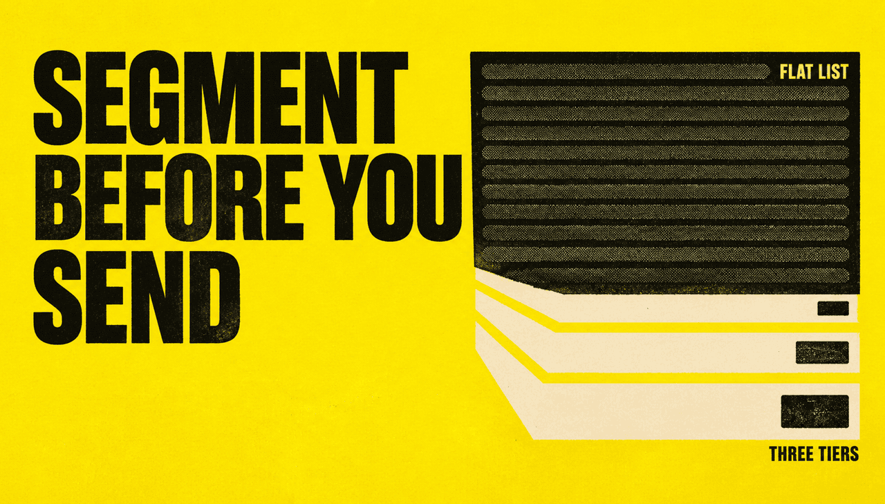 Electric-yellow screenprint cover: a dense black slab of blank contact rows splits along a hard seam into three clean cream bands of increasing width, each with a small tab. Large black headline reads "Segment before you send", with small labels "Flat list" and "Three tiers".