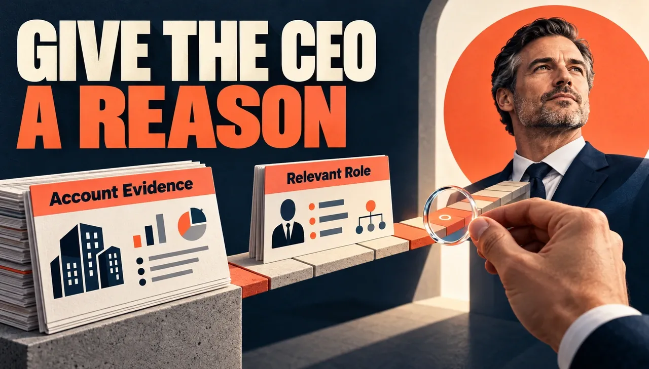Account Evidence and Relevant Role files form a bridge toward an executive portrait beneath Give the CEO a Reason, with a reviewing magnifier.