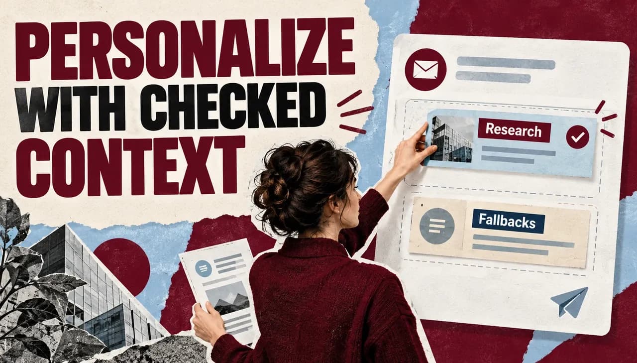 A researcher places a checked account-context fragment into a modular email page beside Personalize With Checked Context, Research and Fallbacks.