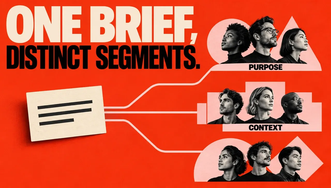 A brief branches into three groups of portrait cutouts on a red field beneath One Brief, Distinct Segments, with Purpose and Context labels.