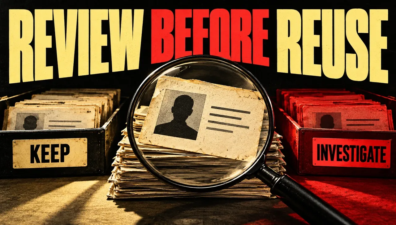A magnifier lifts a contact card from a paper stack into separate review trays beneath Review Before Reuse, with Keep and Investigate as outcomes.