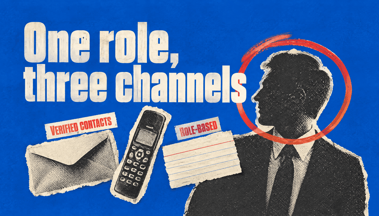 A cobalt blue cutout collage cover. A cream paper silhouette of an executive in the right third is circled by a rough red marker ring, while three torn halftone cutouts — an envelope, a phone handset and an index card — fly toward it from the lower left. Large cream condensed type reads "One role, three channels", with small red labels "Verified contacts" and "Role-based".