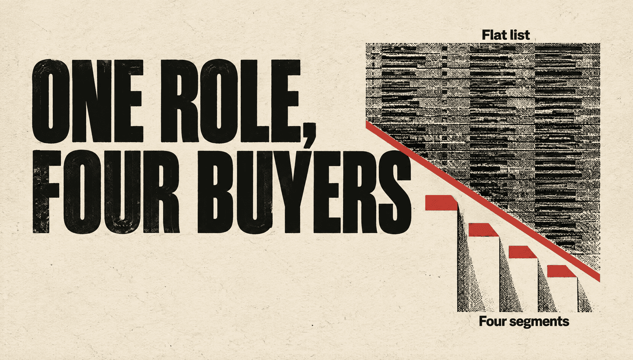 Screenprint poster in ink black and vermilion on cream: a dense noisy slab of generic contact rows is cut by a hard vermilion seam into four clean tabbed strips on a shared baseline. Overlapping headline reads "ONE ROLE, FOUR BUYERS"; small labels read "FLAT LIST" and "FOUR SEGMENTS", illustrating segmentation of a broad operations contact list into four distinct buying groups.