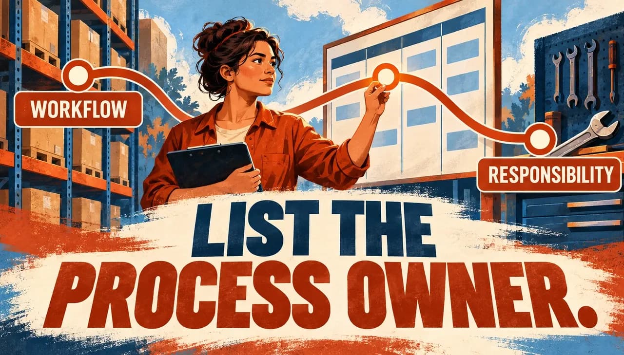 An operations coordinator follows a path between warehouse, scheduling and maintenance objects beneath List the Process Owner, labeled Workflow and Responsibility.