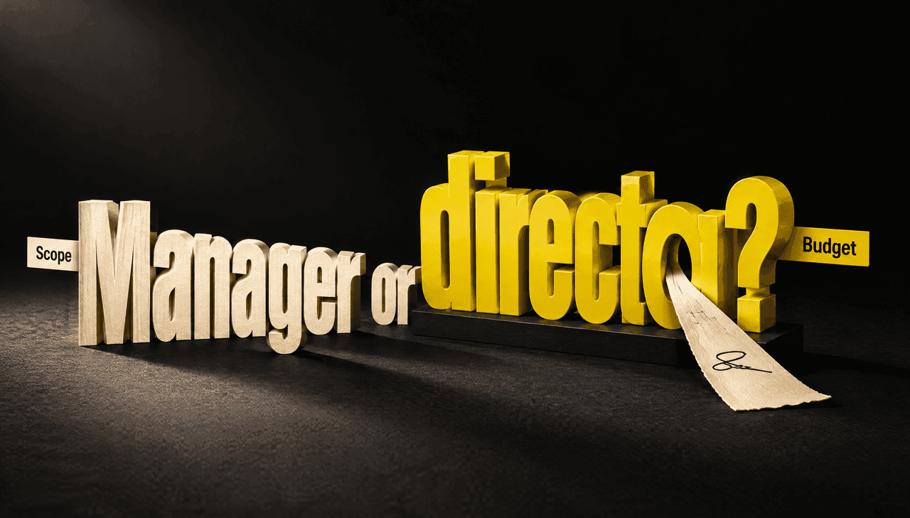 Dimensional cover on ink black: matte cream letters spelling Manager and glossy yellow letters spelling director with a question mark, a blank approval slip threaded between them, and small tabs reading Budget and Scope.