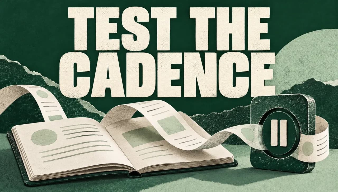 A looping paper sequence passes across an open research notebook and a prominent pause switch beneath Test the Cadence.